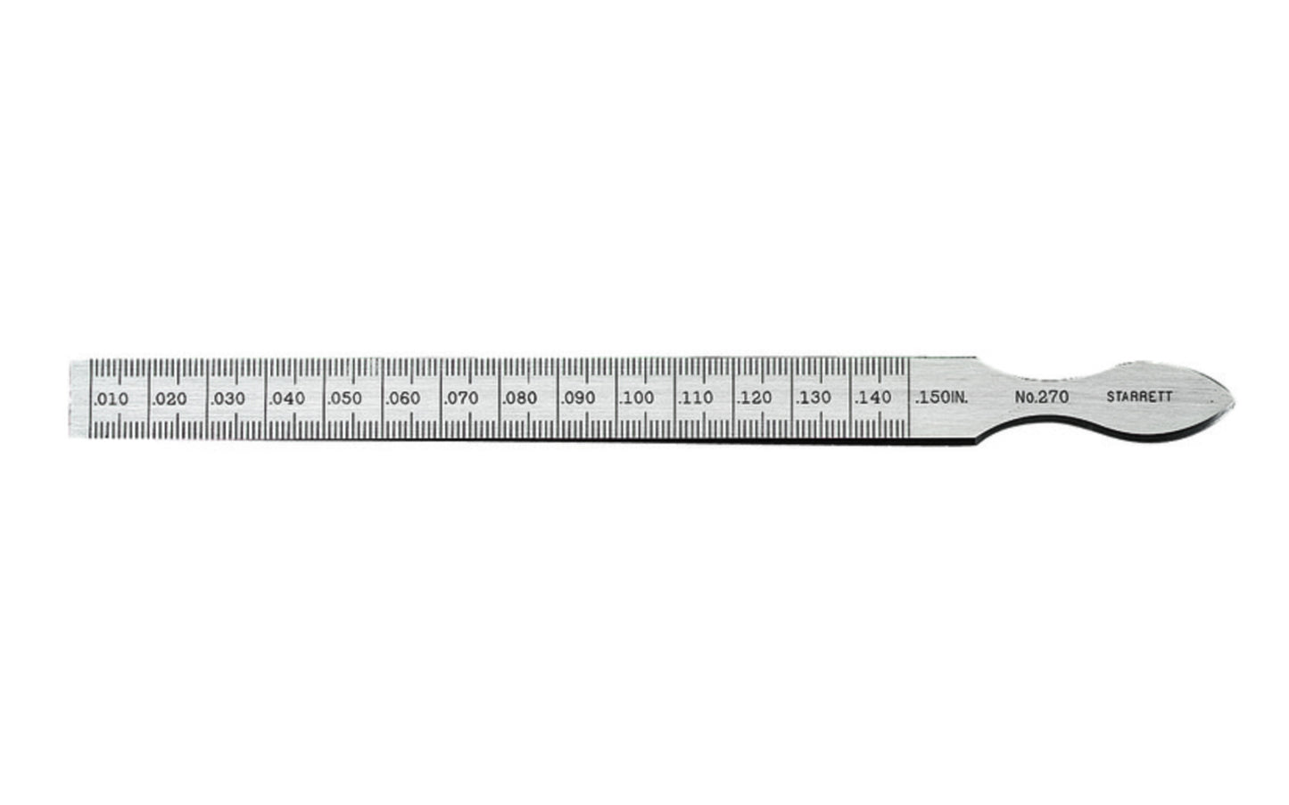 Starrett 270 Taper Gauge measures hole and slot sizes. It is quick to use, very accurate, & is a convenient size. One side graduated from .010" to .150" in thousandths of an inch; the reverse side from 0.3mm to 4mm in one-twentieth of a mm (0.05mm). Taper gage. Made in USA.