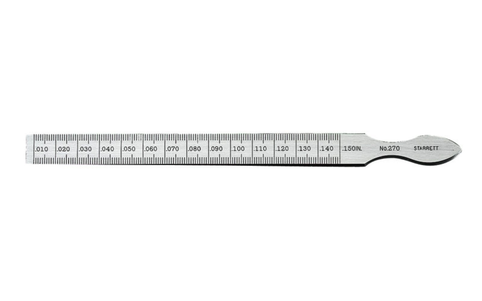 Starrett 270 Taper Gauge measures hole and slot sizes. It is quick to use, very accurate, & is a convenient size. One side graduated from .010" to .150" in thousandths of an inch; the reverse side from 0.3mm to 4mm in one-twentieth of a mm (0.05mm). Taper gage. Made in USA.