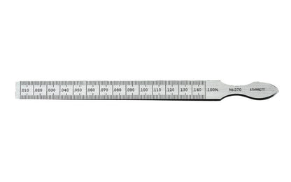 Starrett 270 Taper Gauge measures hole and slot sizes. It is quick to use, very accurate, & is a convenient size. One side graduated from .010" to .150" in thousandths of an inch; the reverse side from 0.3mm to 4mm in one-twentieth of a mm (0.05mm). Taper gage. Made in USA.