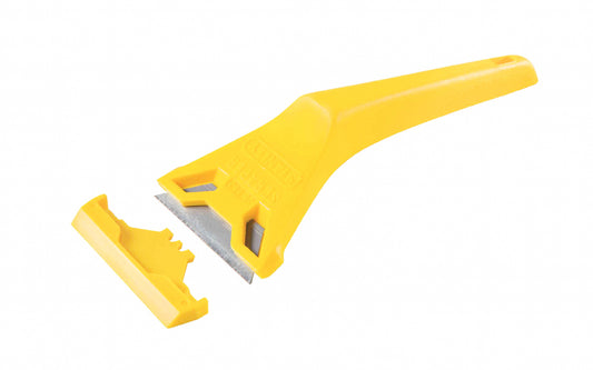 Model No. 28-593.  The Stanley Window Utility Scraper is ideal for scraping paint from windows, mirrors, tiles & other flat surfaces. Comes with one 11-921 utility knife blade. 2-3/8" blade width. Yellow plastic handle. 076174285932.  Made in England.