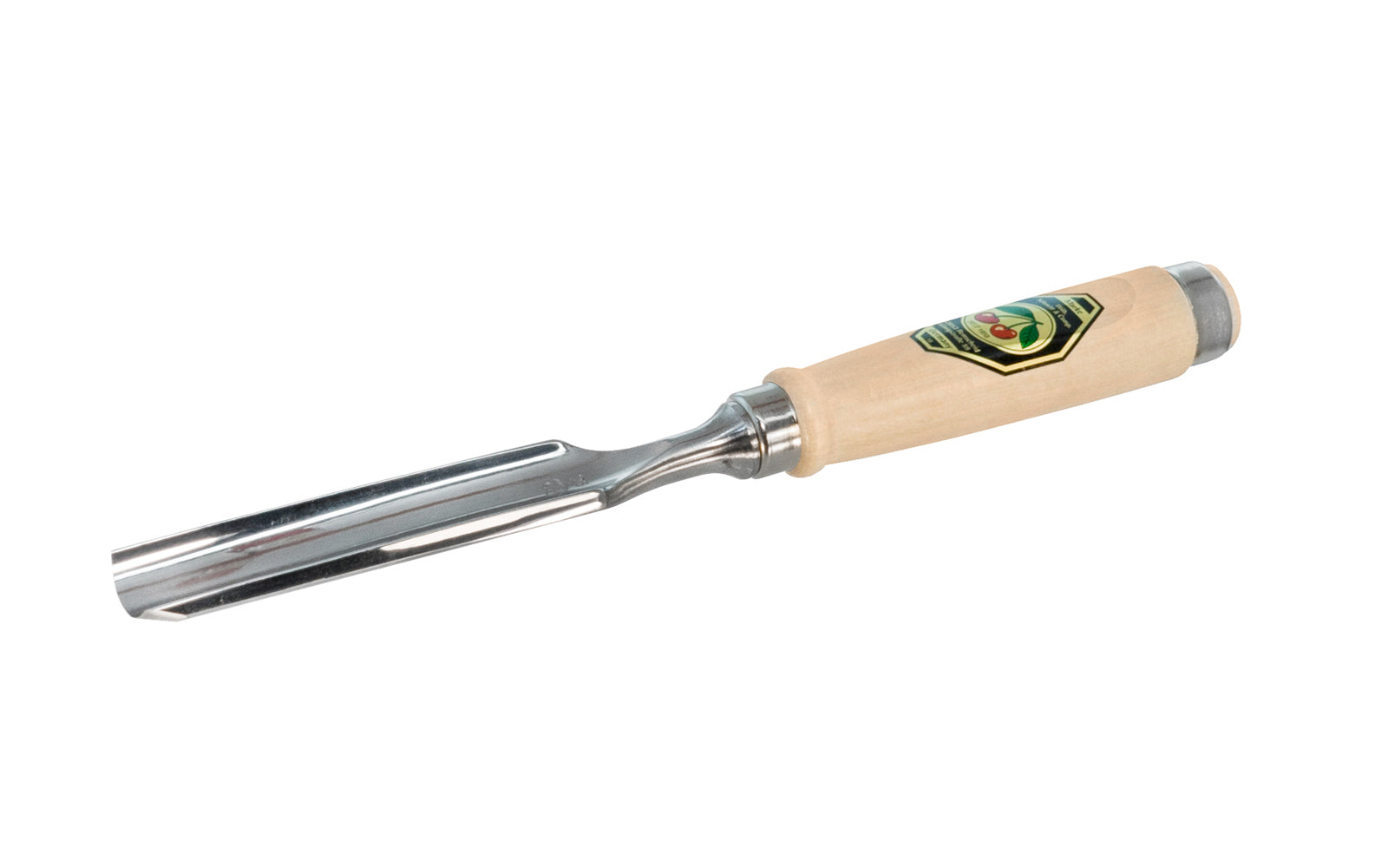 Model 1431-28MM. A 28 mm Firmer Gouge made by Two Cherries in Germany. It has an curve in the length of the blade with the cutting bevel on the outside, known as an out-cannel gouge, for use in working concave hollows. Two Cherries Series 1431. Steel Ferrule. High carbon steel, Tempered to Rc61 Rockwell. Made in Germany