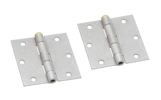 A pair of 3-1/2" galvanized door hinges with removable brass pins. Broad hinge is designed for general utility & industrial applications. Hinges are swaged for mortise installations. Manufactured from hot rolled steel for durability. 2 pack of galvanized hinges. Stanley National Hardware Model N208-843. 038613208841. 