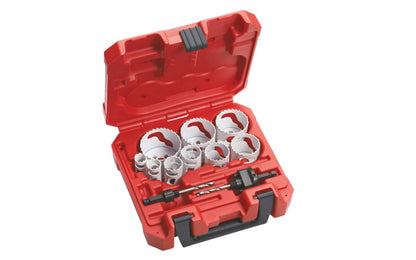 Milwaukee Bi-Metal Hole Saw Set - 13 Piece. 49-22-4025. "Hole Dozer" General Purpose Hole Saw Set. Includes nine holes saws - 3/4",  7/8",  1-1/8",  1-3/8",  1-1/2",  1-3/4",  2", 2-1/8",  2-1/2", (1) 3/8" small thread arbor, (1) 3/8" large thread quick change arbor, and (2) 1/4" x 3-1/2" high speed steel pilot bits