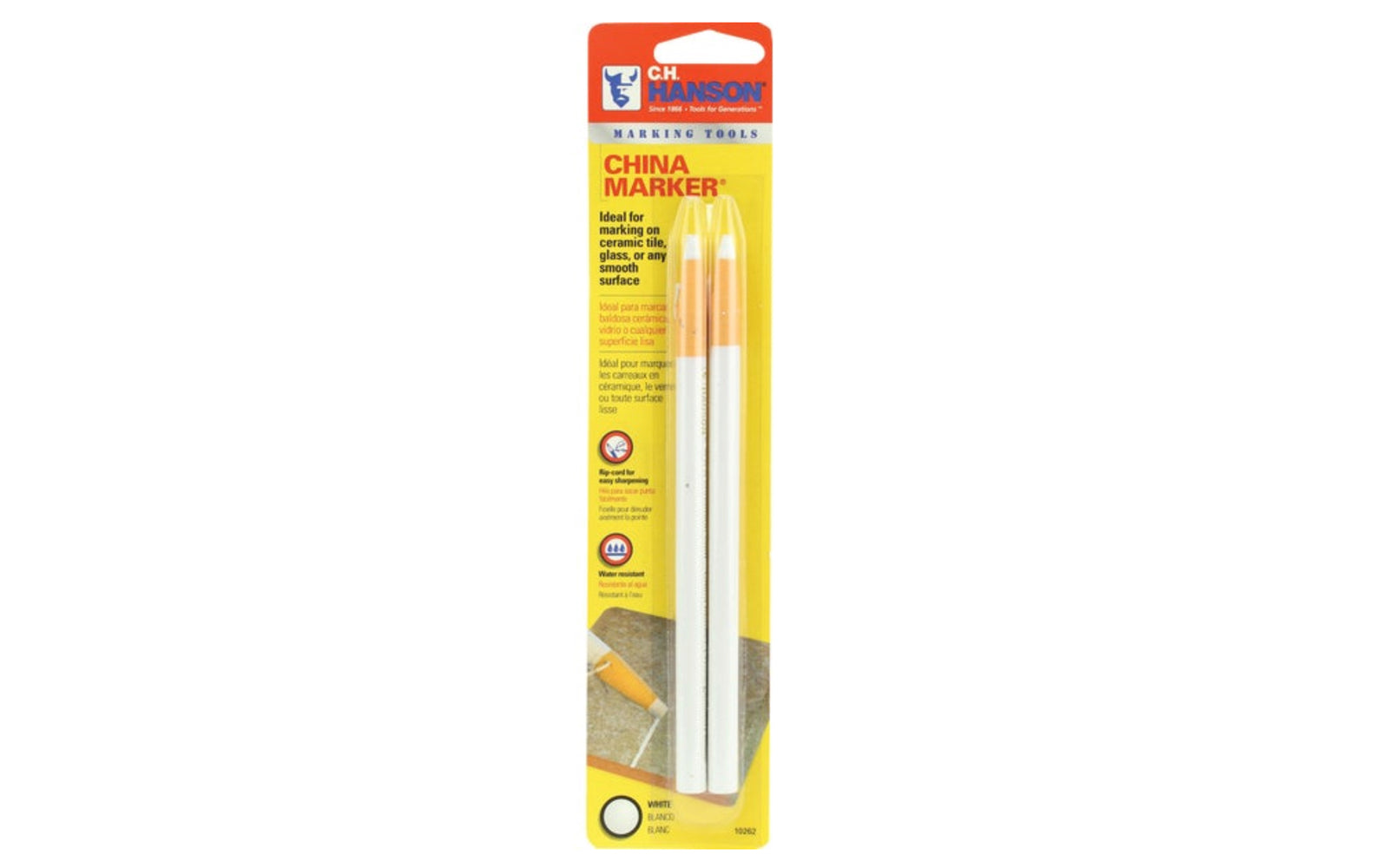 These C.H. Hanson China Markers are ideal for writing on china, glass, or plastic. Marks on porous & nonporous surfaces. Marks on wet surfaces. Easy peel off wrap. 5/16" Diameter x 6-3/4"  Length. White color. 2 Pack. CH Hanson China Markers.