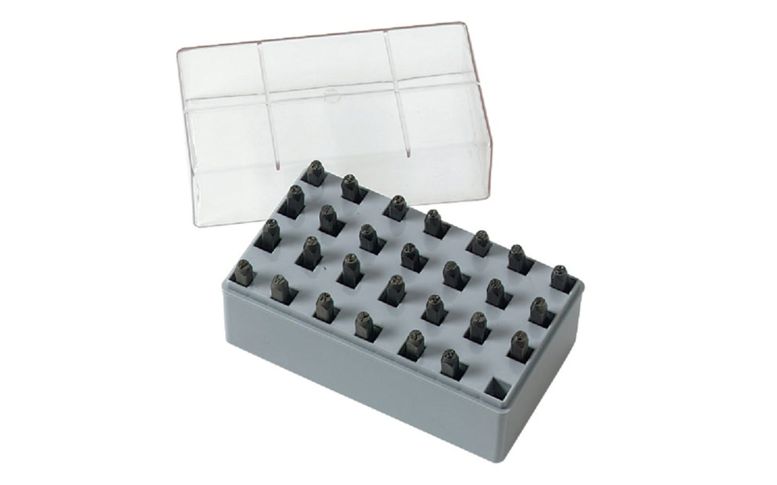 C.H. Hanson 1/8" Letter Stamp Set. 1/8" steel stamps for marking wood, metal, leather, & plastics. Identify tools, keys, household goods, bicycles, & many other items permanently. High alloy steel, heat-treated. Contains 1 each A thru Z plus an ampersand (&). 1/8" size alphabet stamp set. CH Hanson Model No. 20200.   Made in USA.