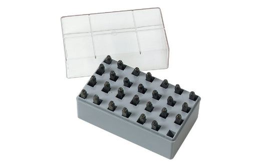 C.H. Hanson 1/8" Letter Stamp Set. 1/8" steel stamps for marking wood, metal, leather, & plastics. Identify tools, keys, household goods, bicycles, & many other items permanently. High alloy steel, heat-treated. Contains 1 each A thru Z plus an ampersand (&). 1/8" size alphabet stamp set. CH Hanson Model No. 20200.   Made in USA.