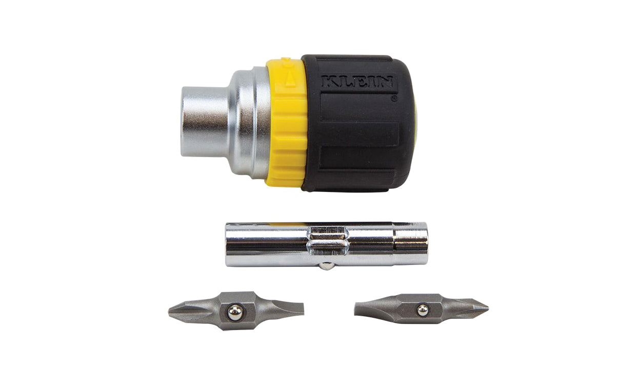 Klein 6-in-1 Ratcheting Stubby Screwdriver / Nut Driver ~ 32593. Stubby screwdriver with ratcheting mechanism that allows user to work faster & with more efficiency. 6-in-1 screwdriver includes #1 & #2 Phillips and 1/4" & 3/16" Slotted tips. Includes 1/4" and 5/16" nut drivers. Cushion-Grip handle. 092644325939