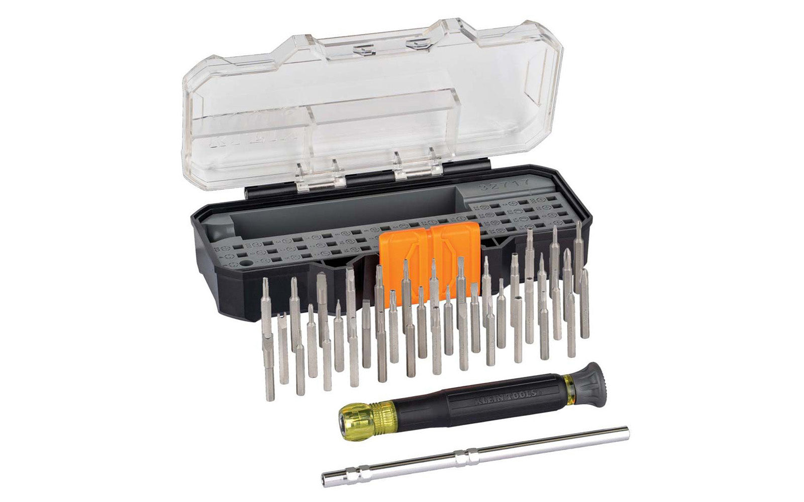 Klein All-in-1 Precision Screwdriver Set - 32717. 40 piece set. Kit includes one screwdriver & 39 bits for various applications including repair of most Apple® products. Compact carrying case features a stay-shut latch & extra-long bits for easier access. Klein Tools model 32717