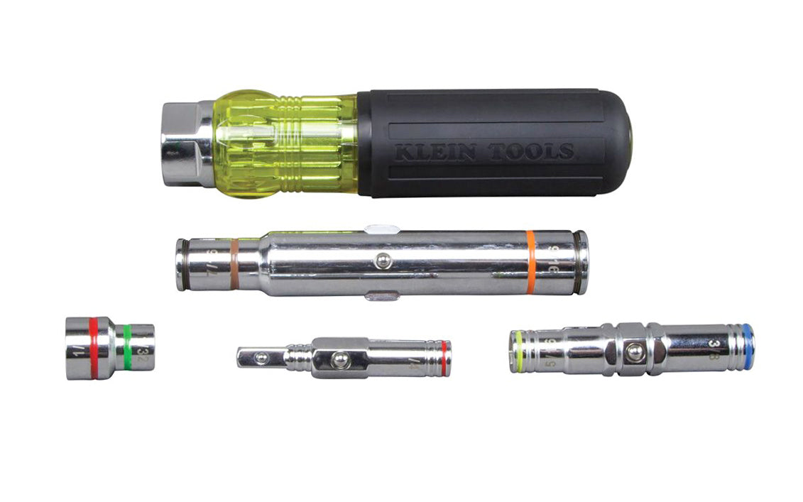 This Klein Tools 7-in-1 Nut Driver / Screwdriver allows for easy, one-handed driving. Sizes are interchangeable ensuring you have the size you need. Color coded shaft ends make it easy to identify size. Nut Driver Sizes: 1/4'', 5/16'', 11/32'', 3/8'', 1/2'', 7/16'', 9/16'' Model 32807MAG. 092644328084. Multi-Nut Driver