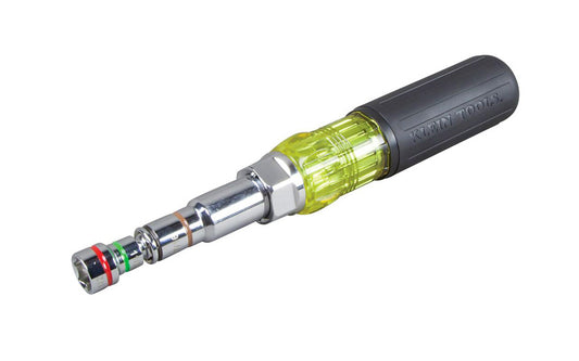 This Klein Tools 7-in-1 Nut Driver / Screwdriver allows for easy, one-handed driving. Sizes are interchangeable ensuring you have the size you need. Color coded shaft ends make it easy to identify size. Nut Driver Sizes: 1/4'', 5/16'', 11/32'', 3/8'', 1/2'', 7/16'', 9/16'' Model 32807MAG. 092644328084. Multi-Nut Driver