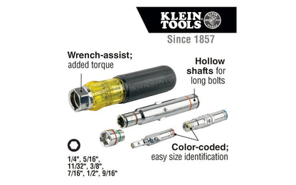 This Klein Tools 7-in-1 Nut Driver / Screwdriver allows for easy, one-handed driving. Sizes are interchangeable ensuring you have the size you need. Color coded shaft ends make it easy to identify size. Nut Driver Sizes: 1/4'', 5/16'', 11/32'', 3/8'', 1/2'', 7/16'', 9/16'' Model 32807MAG. 092644328084. Multi-Nut Driver