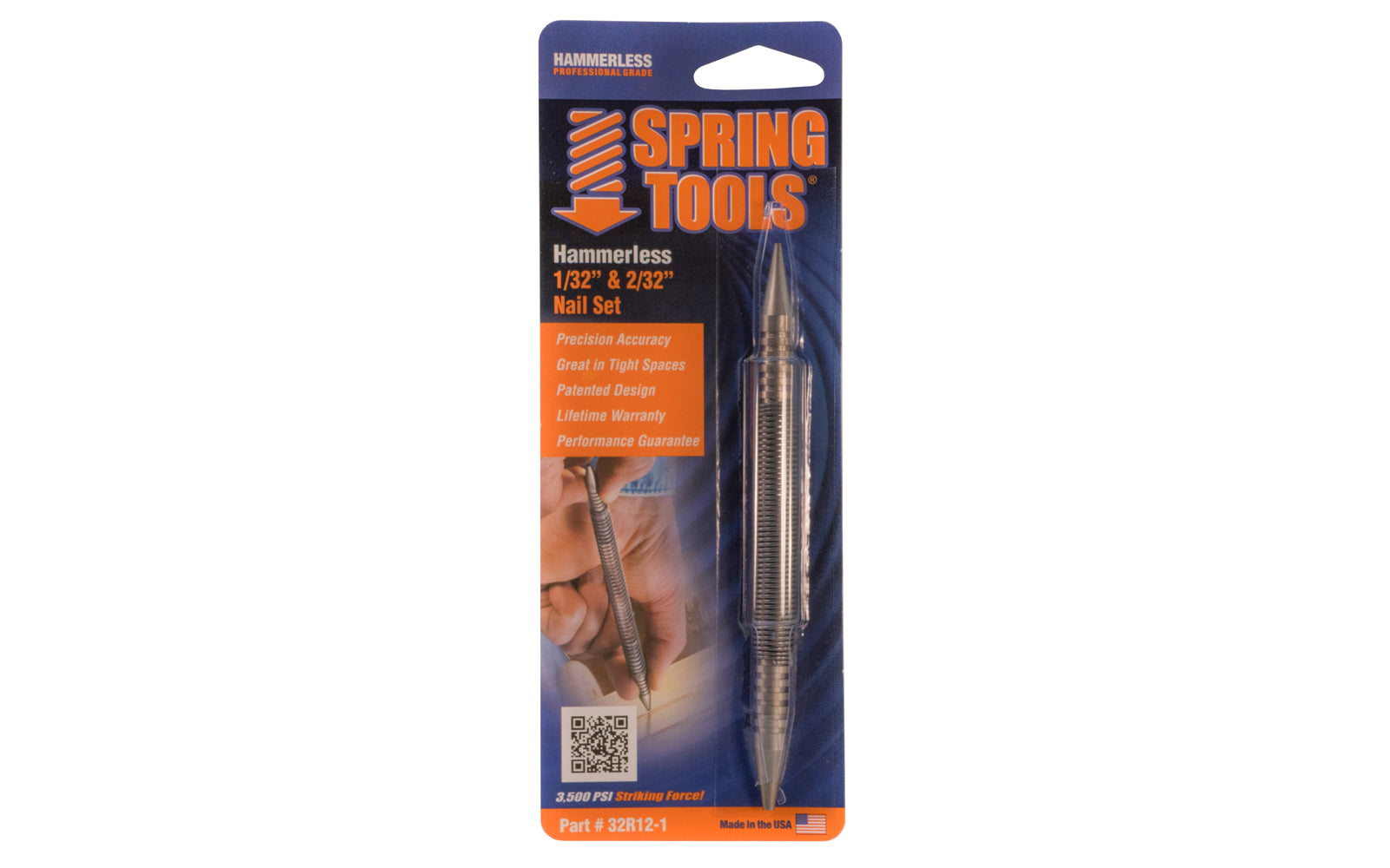 Noxon Hammerless 1/32" & 2/32" Nail Set. The 1/32" tip is best suited for setting #3 & #4 finish nails & countersinking nail heads into a wood surface. The 2/32" tip is ideal for setting #5 & #6 finish nails & brads. Made in USA.