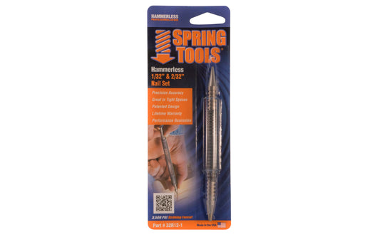 Noxon Hammerless 1/32" & 2/32" Nail Set. The 1/32" tip is best suited for setting #3 & #4 finish nails & countersinking nail heads into a wood surface. The 2/32" tip is ideal for setting #5 & #6 finish nails & brads. Made in USA.
