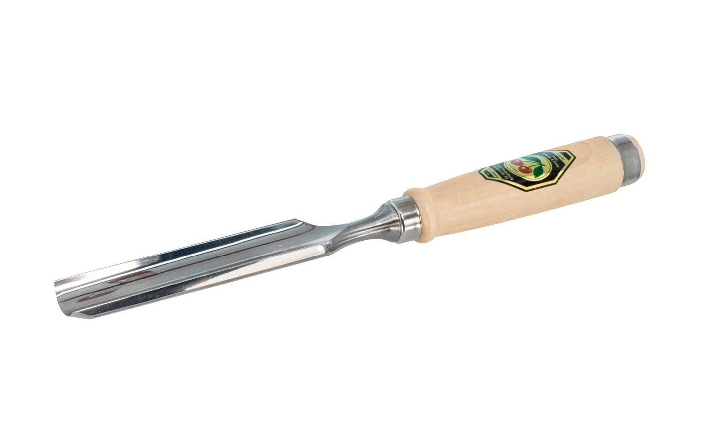 Model 1431-32MM. A 32 mm Firmer Gouge made by Two Cherries in Germany. It has an curve in the length of the blade with the cutting bevel on the outside, known as an out-cannel gouge, for use in working concave hollows. Two Cherries Series 1431. Steel Ferrule. High carbon steel, Tempered to Rc61 Rockwell. Made in Germany