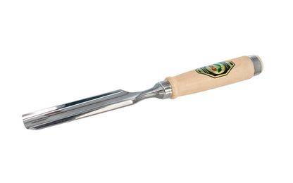 Model 1431-32MM. A 32 mm Firmer Gouge made by Two Cherries in Germany. It has an curve in the length of the blade with the cutting bevel on the outside, known as an out-cannel gouge, for use in working concave hollows. Two Cherries Series 1431. Steel Ferrule. High carbon steel, Tempered to Rc61 Rockwell. Made in Germany