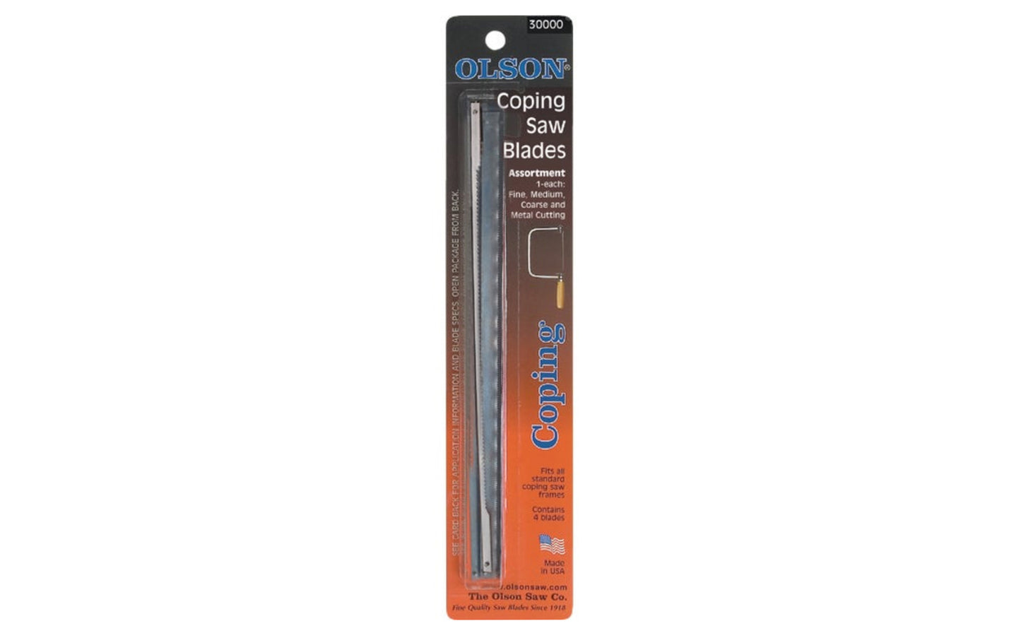 Olson Coping Saw Regular Tooth Blades - 4 PC. Blade Assortment Pack. Coping saw blades used for precision sawing of wood, plastic, nonferrous metal, & mild steel. Fine steel with precision teeth for fast sawing, smooth finishes, & long life. 6-1/2" long between pins fit standard coping saws. Model CP30000. Made in USA.