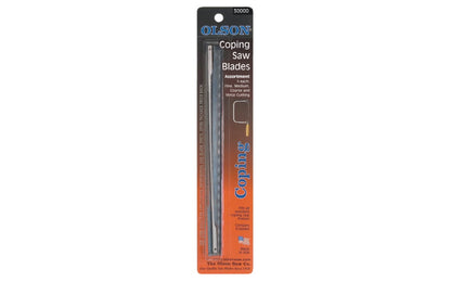 Olson Coping Saw Regular Tooth Blades - 4 PC. Blade Assortment Pack. Coping saw blades used for precision sawing of wood, plastic, nonferrous metal, & mild steel. Fine steel with precision teeth for fast sawing, smooth finishes, & long life. 6-1/2" long between pins fit standard coping saws. Model CP30000. Made in USA.