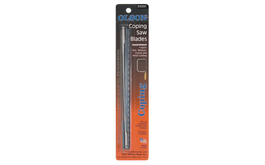 Olson Coping Saw Regular Tooth Blades - 4 PC. Blade Assortment Pack. Coping saw blades used for precision sawing of wood, plastic, nonferrous metal, & mild steel. Fine steel with precision teeth for fast sawing, smooth finishes, & long life. 6-1/2" long between pins fit standard coping saws. Model CP30000. Made in USA.