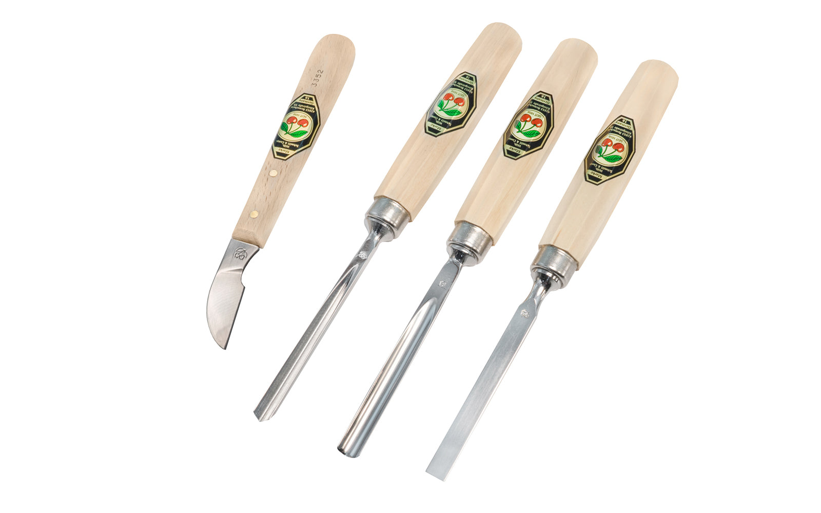 A quality 4-Piece Carving Tool Set "Kerbschnitz-Satz" made by Two Cherries in Germany. It's a great set for carving applications & projects. Hand forged of high quality German steel - Tempered to Rc61 Rockwell. Model 3424-SB. Includes chip carving knife, 8 mm straight chisel, 8 mm gouge, 6 mm V-chisel. Made in Germany