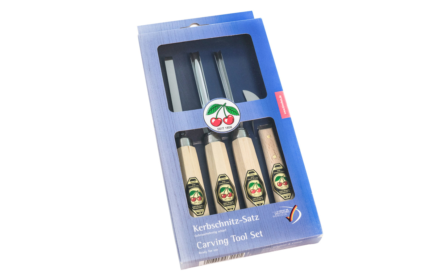 A quality 4-Piece Carving Tool Set "Kerbschnitz-Satz" made by Two Cherries in Germany. It's a great set for carving applications & projects. Hand forged of high quality German steel - Tempered to Rc61 Rockwell. Model 3424-SB. Includes chip carving knife, 8 mm straight chisel, 8 mm gouge, 6 mm V-chisel. Made in Germany