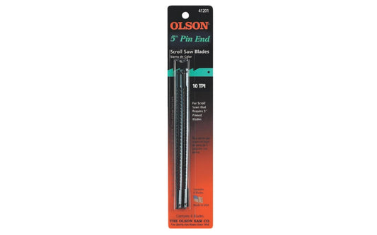 Olson 5" Pin End Scroll Saw 10 TPI Blades - 6 PC Set. For fast cuts in hard or soft wood, plastic, etc. -  1/4" - 1" thick material. Heavy duty, medium turns (5/32" radius) & medium smooth finish. Model SC41201. 012373412014. Made in USA. 