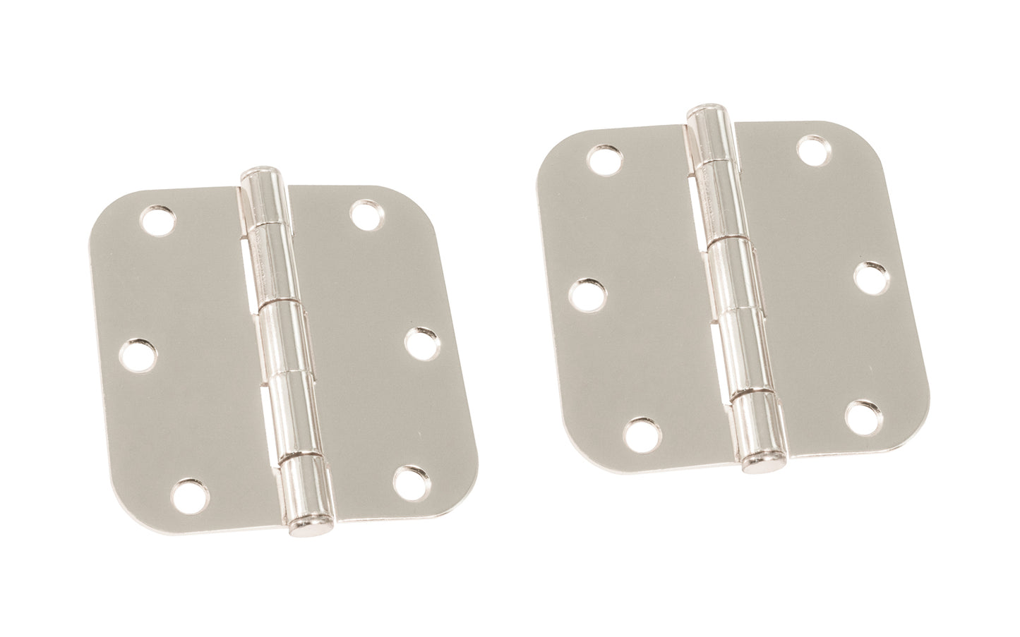 A pair of 3-1/2" Bright Nickel Door Hinges with 5/8" radius corners & a removable pin. Bright Nickel finish on steel material. Countersunk holes. Includes flat head screws. 3-1/2" x 3-1/2" door hinge size. Five knuckle, full mortise design. Ultra Hardware No. 35054.