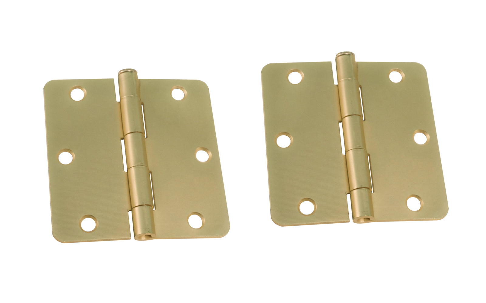 A pair of 3-1/2" Satin Brass Door Hinges with 1/4" radius corners & a removable pin. Satin Brass finish on steel material. Countersunk holes. Includes flat head screws. 3-1/2" x 3-1/2" door hinge size. Five knuckle, full mortise design. Ultra Hardware No. 35217.