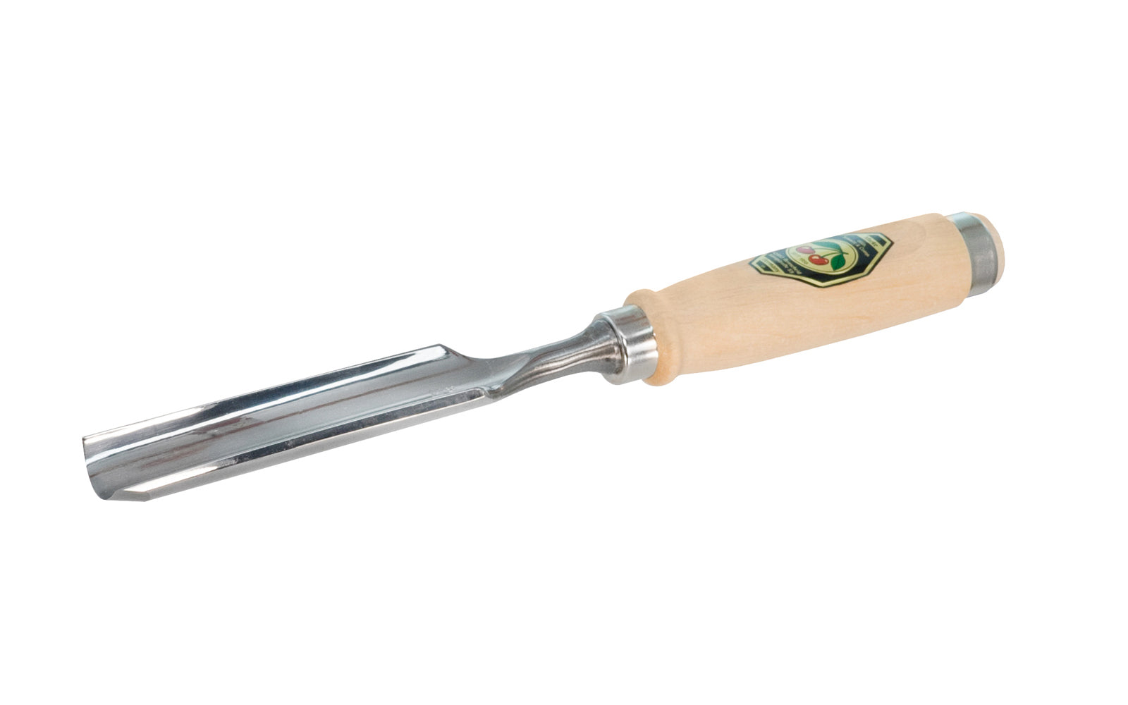 Model 1431-35MM. A 35 mm Firmer Gouge made by Two Cherries in Germany. It has an curve in the length of the blade with the cutting bevel on the outside, known as an out-cannel gouge, for use in working concave hollows. Two Cherries Series 1431. Steel Ferrule. High carbon steel, Tempered to Rc61 Rockwell. Made in Germany