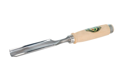 Model 1431-35MM. A 35 mm Firmer Gouge made by Two Cherries in Germany. It has an curve in the length of the blade with the cutting bevel on the outside, known as an out-cannel gouge, for use in working concave hollows. Two Cherries Series 1431. Steel Ferrule. High carbon steel, Tempered to Rc61 Rockwell. Made in Germany