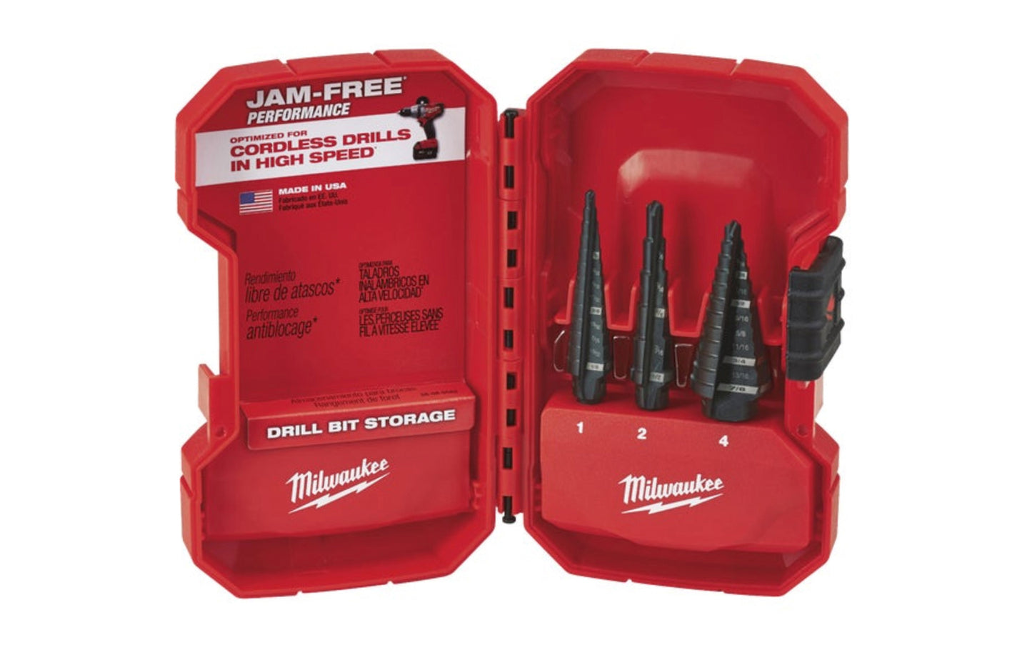Milwaukee 3-Piece Black Oxide Step Drill Bit Set, #1 #2 #4. Model No. 48-89-9221. Black oxide coating. 045242307746. 3 piece set. Step drill bits.