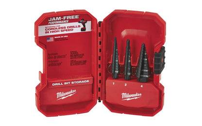 Milwaukee 3-Piece Black Oxide Step Drill Bit Set, #1 #2 #4. Model No. 48-89-9221. Black oxide coating. 045242307746. 3 piece set. Step drill bits.