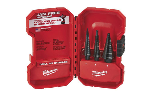 Milwaukee 3-Piece Black Oxide Step Drill Bit Set, #1 #2 #4. Model No. 48-89-9221. Black oxide coating. 045242307746. 3 piece set. Step drill bits.