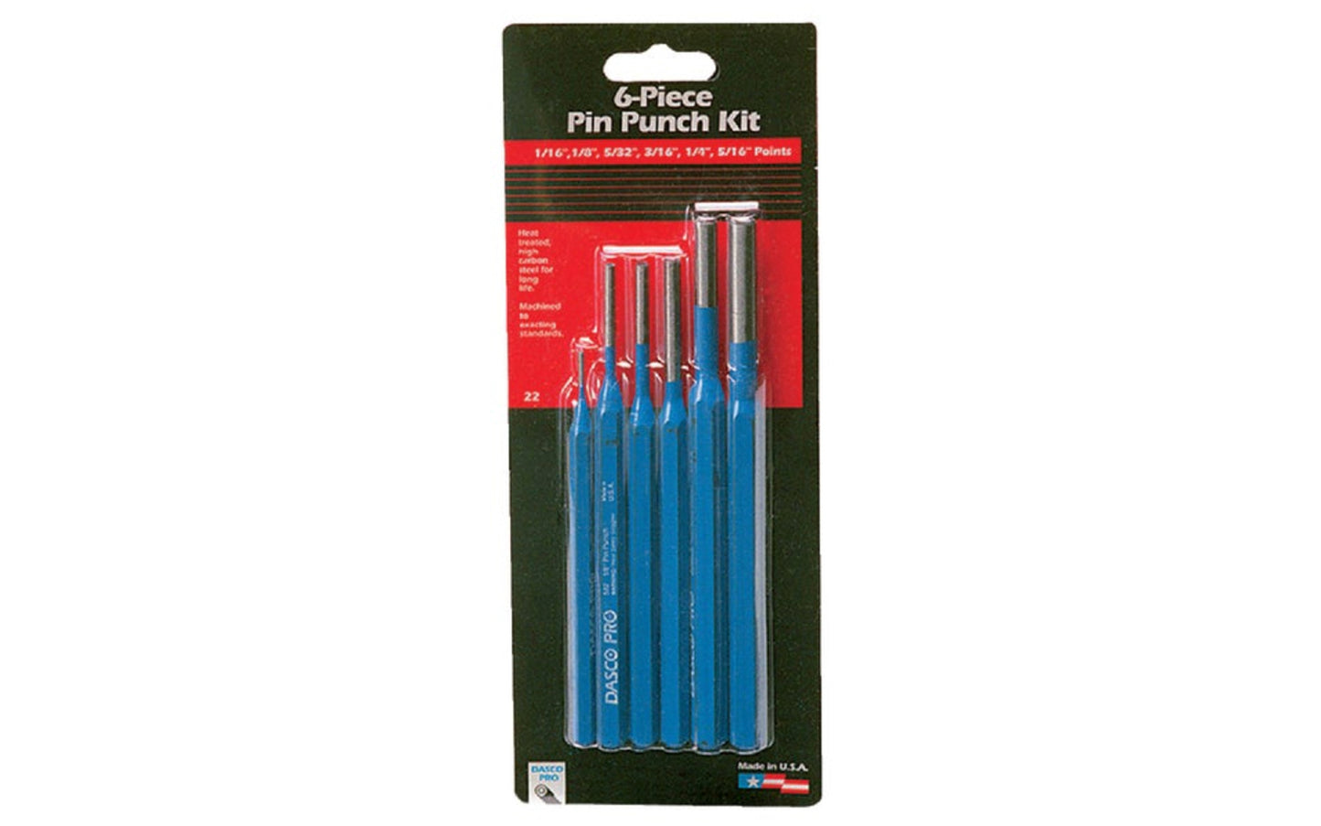 Dasco Pro 6-Piece Pin Punch Kit. Heat-treated, high-carbon steel construction. Contains 1 each 1/16", 1/8", 5/32", 3/16", 1/4", and 5/16" pin punches.  Made in USA. Model 22 ~ 018371000628
