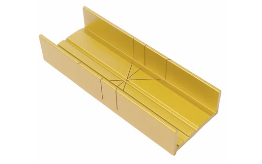 A thin slot aluminum miter box with 30, 45, 90 degree angles. Thin slots for accurate cuts with fine kerf saws. Made by Zona. Model  37-240.  Made in USA.