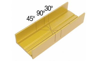 A thin slot aluminum miter box with 30, 45, 90 degree angles. Thin slots for accurate cuts with fine kerf saws. Made by Zona. Model  37-240.  Made in USA.