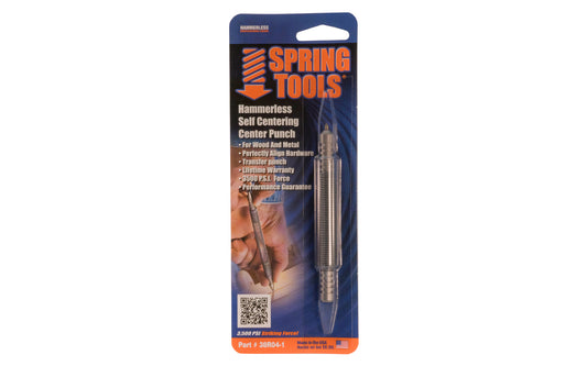 Noxon Hammerless Self-Centering Center Punch features a 5/16" beveled face & hardened steel pin designed to create perfectly centered guides holes for mounting brackets, hinges, or an a transfer punch on wood or mild steel. Made in USA.