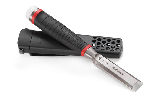 Hultafors Chisels are sharp & heavy duty. For construction tasks requiring extreme strength & precision. Bevelled 25° ground blade. One solid forged I-Beam piece. 1" wide chisel blade (25 mm). Flat contact surface. Santoprene rubberized handle. HDC 25 Model 390273U. With replaceable striker cap. 7315293902713. 