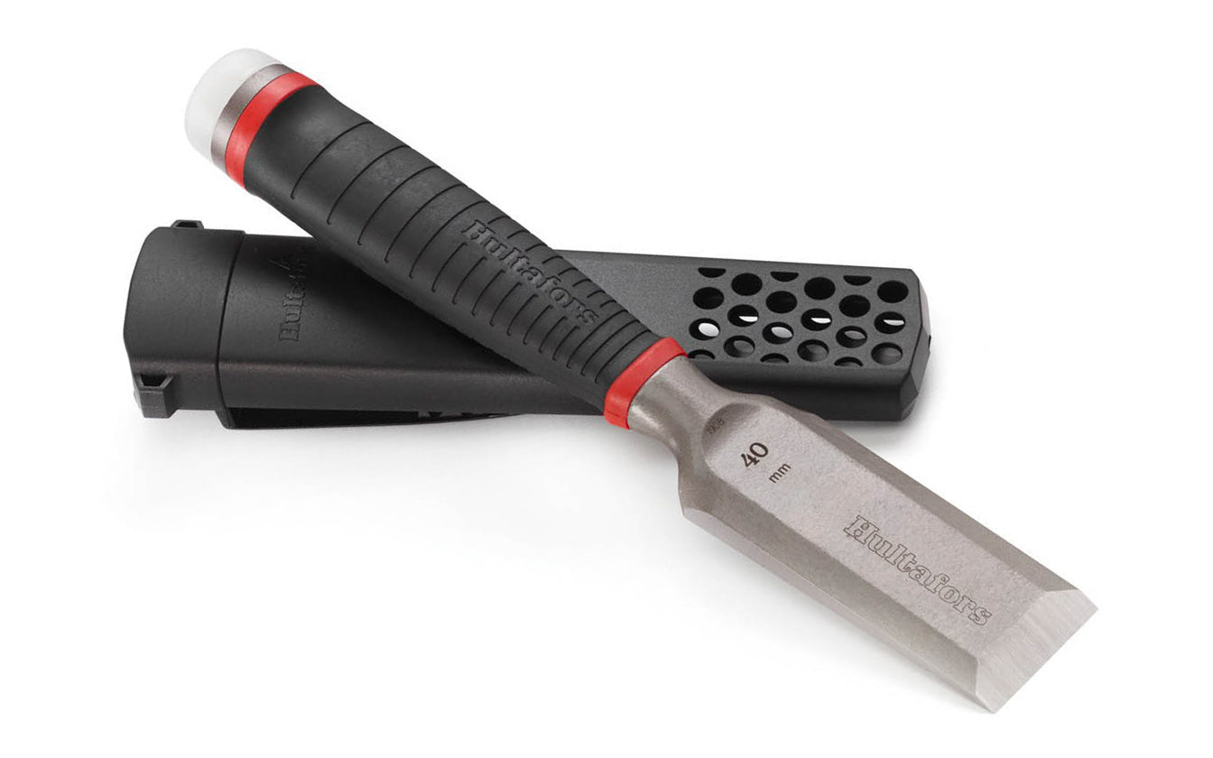 Hultafors Chisels are sharp & heavy duty. For construction tasks requiring extreme strength & precision. Bevelled 25° ground blade. One solid forged I-Beam piece. 1-1/2" wide chisel blade (40 mm). Flat contact surface. Santoprene rubberized handle. HDC 40 Model 390293U. With replaceable striker cap. 7315293902911. 