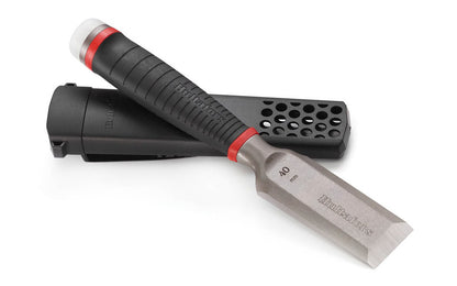 Hultafors Chisels are sharp & heavy duty. For construction tasks requiring extreme strength & precision. Bevelled 25° ground blade. One solid forged I-Beam piece. 1-1/2" wide chisel blade (40 mm). Flat contact surface. Santoprene rubberized handle. HDC 40 Model 390293U. With replaceable striker cap. 7315293902911. 