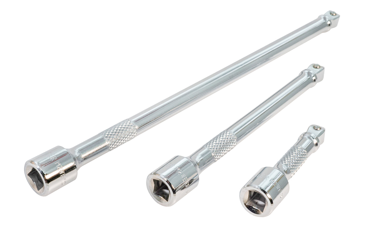 3-Piece Japanese 3/8" Dr. Wobble Extension Set. Chrome Vanadium Steel. Includes: 3", 6", & 10" sizes. Center Sockets. Made in Japan. 3 PC Wobble Drive Set.