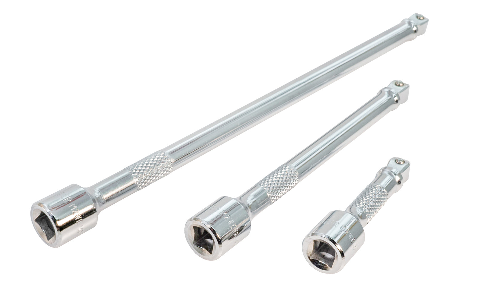 3-Piece Japanese 3/8" Dr. Wobble Extension Set. Chrome Vanadium Steel. Includes: 3", 6", & 10" sizes. Center Sockets. Made in Japan. 3 PC Wobble Drive Set.