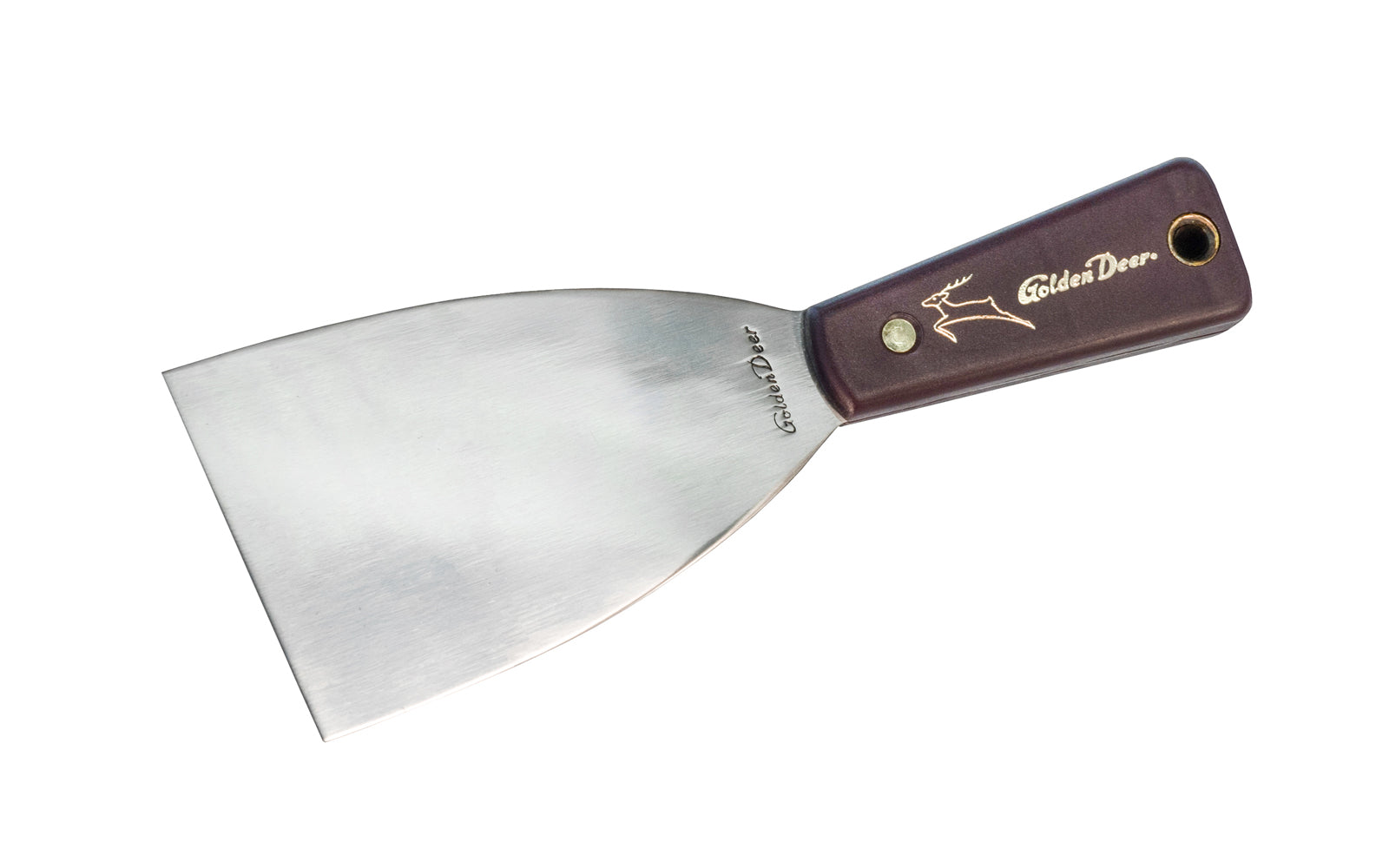 This Japanese 3" wide putty knife is a stiff putty knife made by "Golden Deer". Made of high carbon steel with heavy duty nylon handle.  Made in Japan. Golden Deer Brand.  Thick Stiff Putty Knife Blade. Japanese putty knife. Stiff Blade