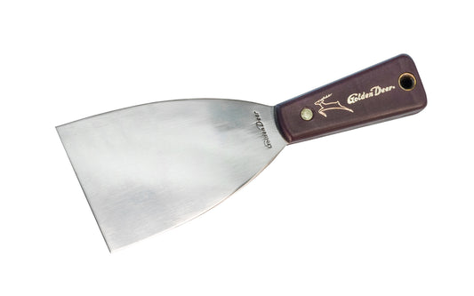 This Japanese 3" wide putty knife is a stiff putty knife made by "Golden Deer". Made of high carbon steel with heavy duty nylon handle.  Made in Japan. Golden Deer Brand.  Thick Stiff Putty Knife Blade. Japanese putty knife. Stiff Blade