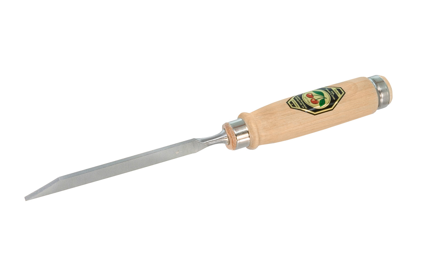 3 mm Mortise Chisel made by Two Cherries in Germany. This chisel has a stiff thick blade for clearing out wood waste & wide side edges that help keep the chisel square when working in the mortise. Chisel has a leather disc shock absorber. Two Cherries Series 1301. Model 1301-3MM. High carbon steel. Made in Germany.