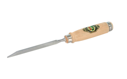 3 mm Mortise Chisel made by Two Cherries in Germany. This chisel has a stiff thick blade for clearing out wood waste & wide side edges that help keep the chisel square when working in the mortise. Chisel has a leather disc shock absorber. Two Cherries Series 1301. Model 1301-3MM. High carbon steel. Made in Germany.