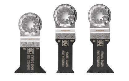 Fein Tools Selection of the 3 most popular Fein E-Cut saw blades for universal use. Bimetal with teeth set for all woods, metal, drywall & plastic materials. Includes: 1-1/8" (28 mm) blade, 1-3/4" (44 mm) blade, 2" (50 mm) blade. Starlock mounting system. Made in Germany. Model 35222952140. 4014586400396. 3 piece set