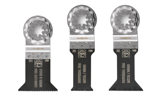 Fein Tools Selection of the 3 most popular Fein E-Cut saw blades for universal use. Bimetal with teeth set for all woods, metal, drywall & plastic materials. Includes: 1-1/8" (28 mm) blade, 1-3/4" (44 mm) blade, 2" (50 mm) blade. Starlock mounting system. Made in Germany. Model 35222952140. 4014586400396. 3 piece set