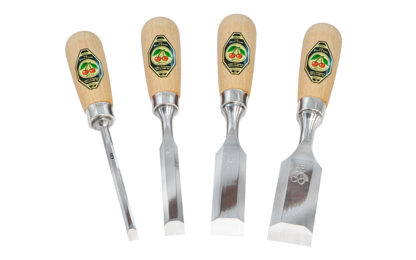 High quality 4-Piece Butt Chisel Set made by Two Cherries in Germany. Hand forged out of quality German steel. 1/4", 1/2", 3/4", 1" sizes (6 mm, 12 mm, 20 mm, 26 mm) sizes. These Butt chisels are shorter in length, which makes them good for getting into tight areas. Model No. 1156-SB. 4016649110785. Short Butt Chisel Set