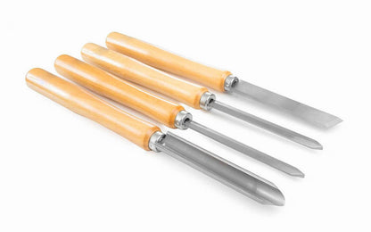 4-piece Wood Turning Tool Set made by Great Neck. Blades are made of high carbon alloy tool steel. Ground, sharpened, hardened & tempered. Includes: 1" Skew,  1/2" Parting Tool,  1/2" Spear,  1" Gouge. The wooden handles are kiln-dried hardwood handles. Great Neck Mayes Model No. 404