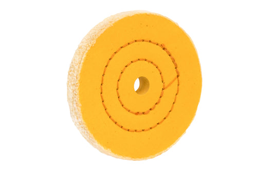 Yellow mill treated buffs perform more aggressively than regular cotton cloth. Use on all metals with the appropriate compound where a faster cut is needed. Made of fine cotton sheeting held together with two circles of lockstitch sewing. Made in USA. 1/2" wide thickness. 4" Diameter Wheel. 1/2" arbor hole ~ Dico Polishing Company